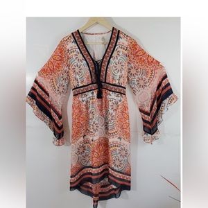 CHELSEA & VIOLET Orange/Brown Floral Bell Sleeve Tassle High-Low Dress Size M